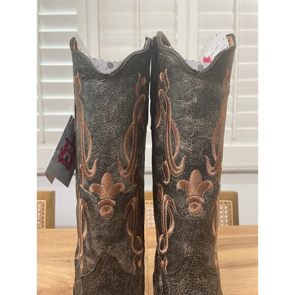 Tanner Mark Krackle Flor de Liz Embroidered Western Boots Brown Leather Sz 8 NIB - Picture 4 of 11